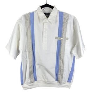 Haband Casual Joe Polo Shirt Mens M White Vertical Stripe Seersucker Panel Short